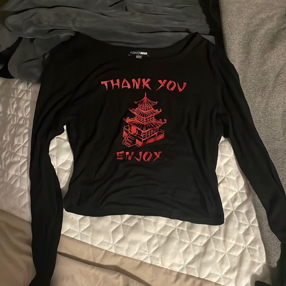 black  “thank you enjoy” cropped shirt, very stretchy and comfortable material